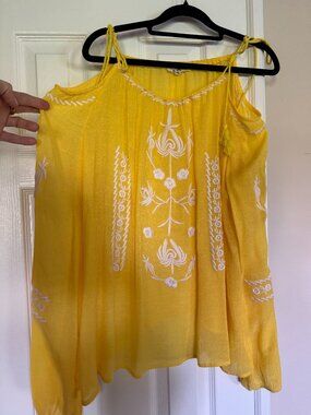 Yellow Embroidered Cold Shoulder Long Sleeve Blouse